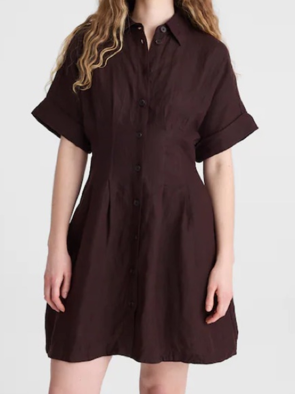 NWT madewell the perry mini Short Sleeve Button-Front Dress brown linen XXs